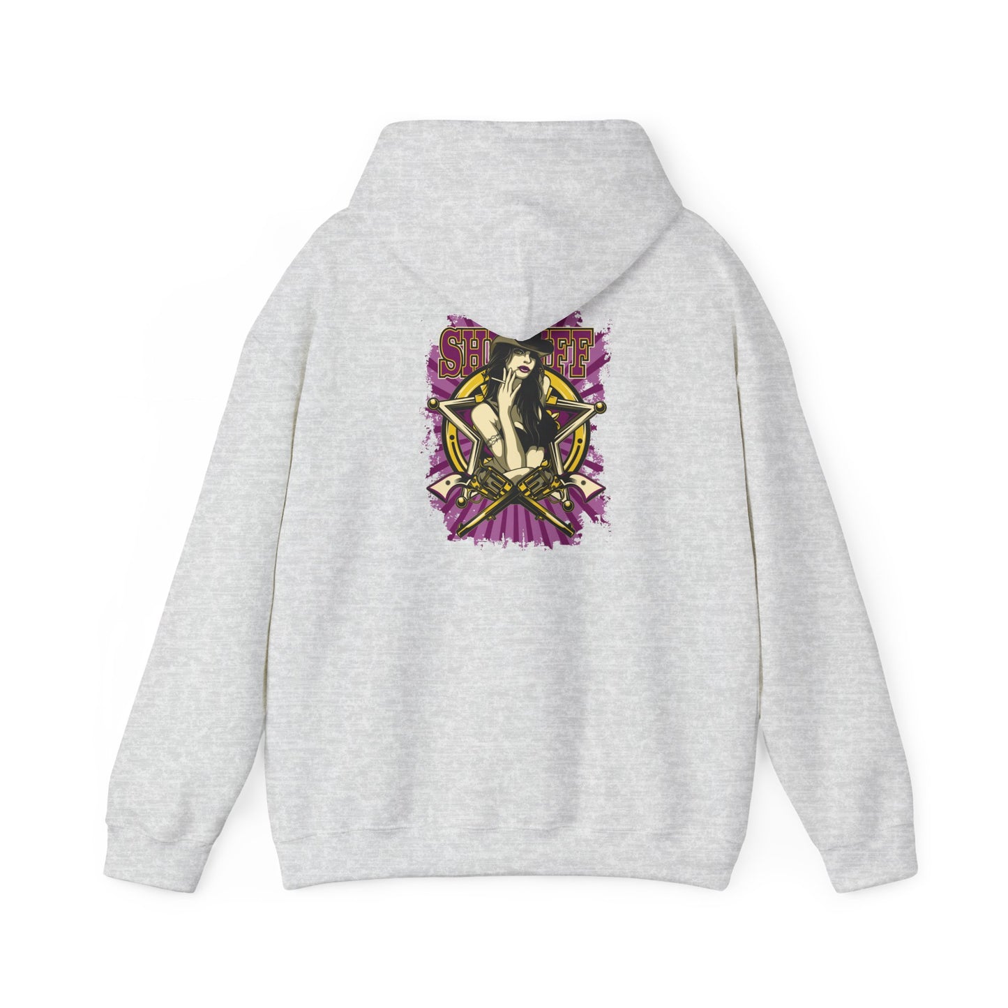 Sophisticated grey hoodie displaying a striking back print with an alluring female image and stylish emblem, designed for the fashion-forward.