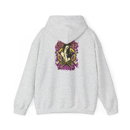 Sophisticated grey hoodie displaying a striking back print with an alluring female image and stylish emblem, designed for the fashion-forward.