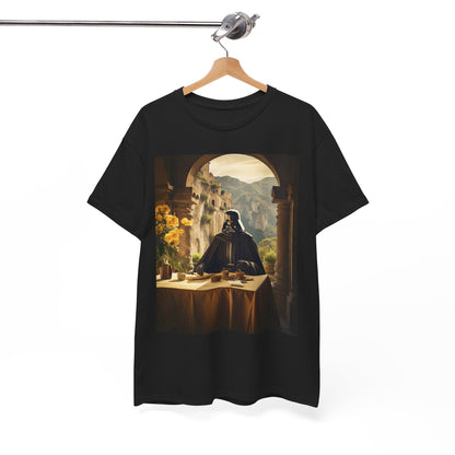 Luxuriously styled black t-shirt hanging on a wooden hanger, featuring an artistic depiction of Darth Vader at an elegant dining setup amidst a stunning Mediterranean landscape.