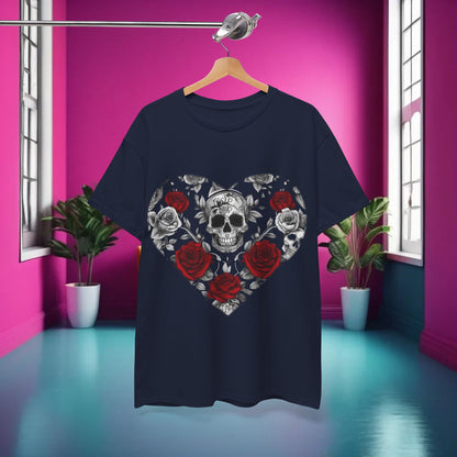 Front view of the Skulls and Roses Cotton Tee, Unisex Graphic Shirt, displaying a stunning skull and rose graphic on a navy background.