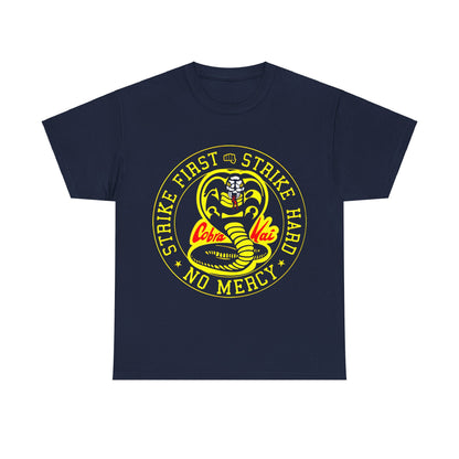 Cobra Kai Graffiti Graphic Unisex T-Shirt in navy showcasing a captivating yellow and red cobra emblem with the words 'Strike First, Strike Hard, No Mercy'. A chic representation of luxury streetwear.