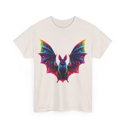 Front view of the Radiant Evolution Bat Tee, showcasing a vibrant, stylized bat design in rainbow hues, embodying elegance and artistic flair.