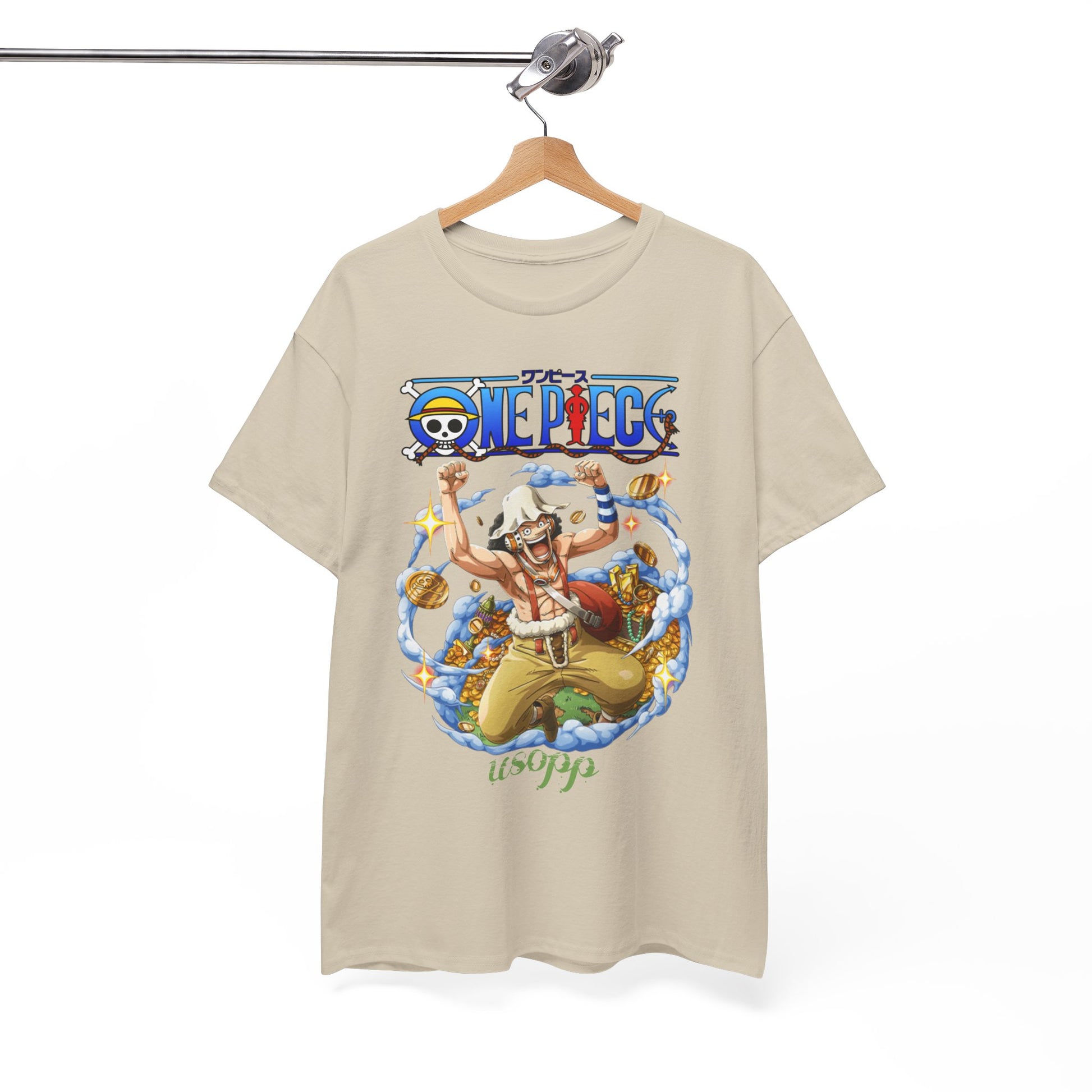 Usopp t-shirt from One Piece, artfully hung to display its captivating design, perfect for those who appreciate luxury in anime fashion.