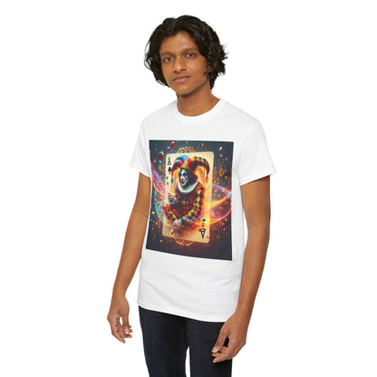 Model wearing the Unisex Harlequin Playing Card Graphic Tee, displaying a colourful design with a sophisticated twist on a classic card theme.