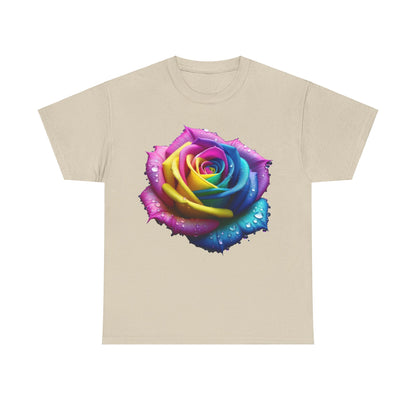Close-Up of a Rainbow Rose Unisex Cotton Tee Graphic T Shirt Unisex displaying an exquisite rainbow rose design adorned with water droplets on a beige background.