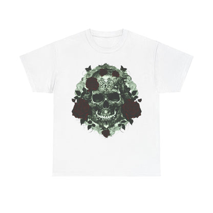 White variant of the Skulls and Roses Cotton Tee, featuring a captivating skull and rose design, perfect for a luxury alternative fashion statement.