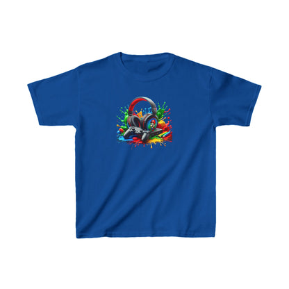 Unisex Children's Gaming Graphic Cotton Tee in Royal Blue - Luxurious gaming-themed design with headset and controller art, ideal for comfort and fashion.