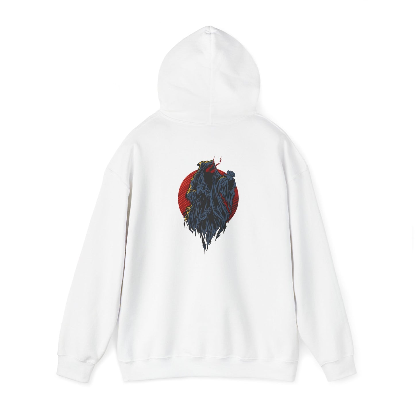 Striking white hoodie with a captivating back print featuring a fierce demon design encircled in red, adding unique flair.