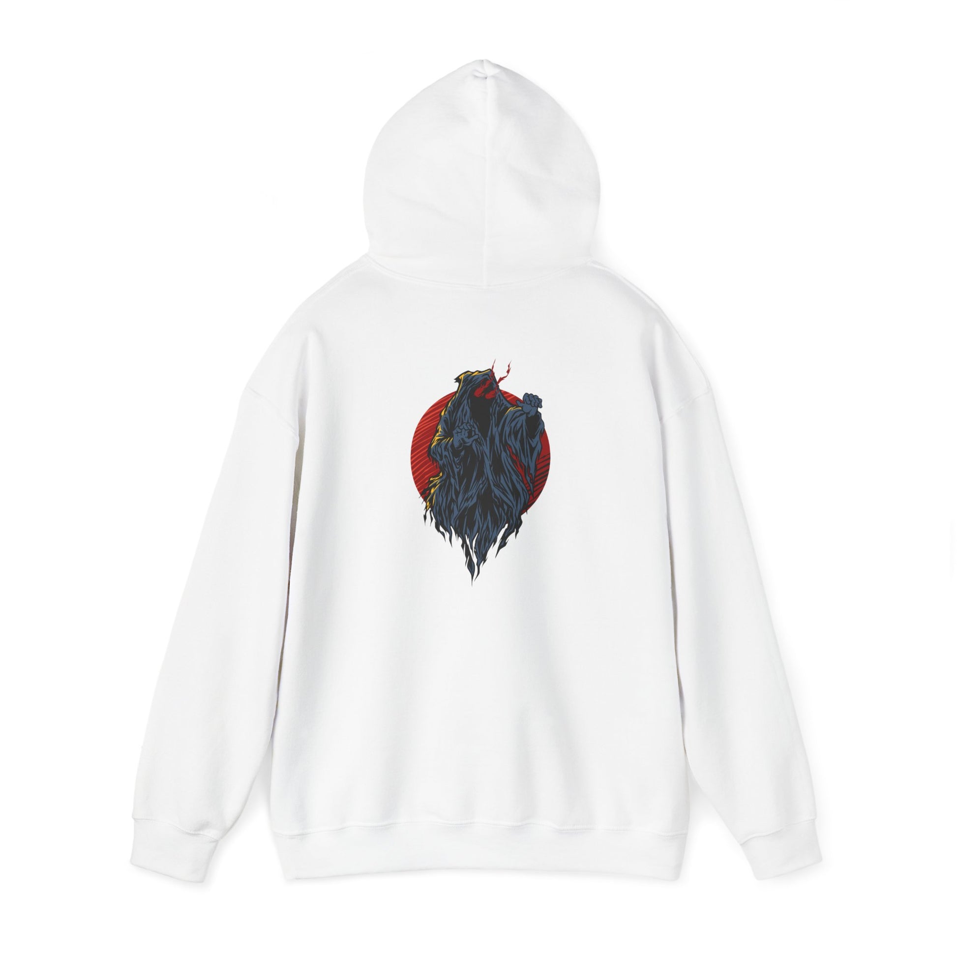 Striking white hoodie with a captivating back print featuring a fierce demon design encircled in red, adding unique flair.