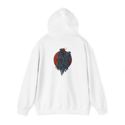 Striking white hoodie with a captivating back print featuring a fierce demon design encircled in red, adding unique flair.