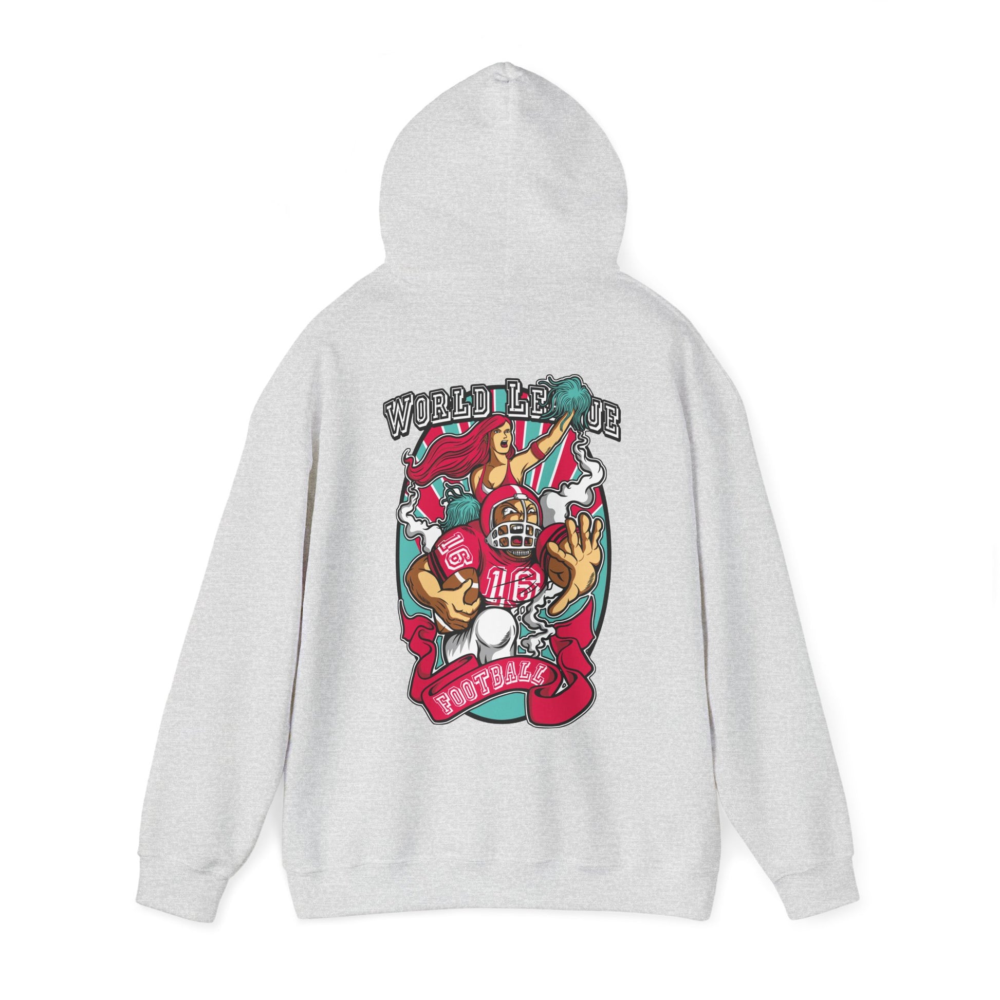 Elegant grey back print hoodie showcasing a dramatic American football scene, highlighted by a cheerleader and eye-catching 'WORLD LEAGUE FOOTBALL' text.
