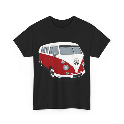 VW Camper Van Graphic T-Shirt Urban Unisex Cotton Tee showcased flat to highlight its unique design featuring a vintage red and white Volkswagen Bus.