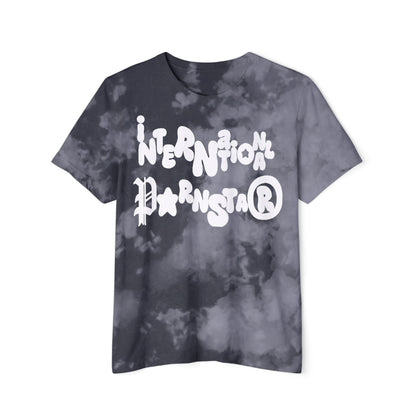Sophisticated tie-dye grey t-shirt with bold white graphic lettering 'INTERNATIONAL PARNSTAR®', ideal for making a stylish statement.