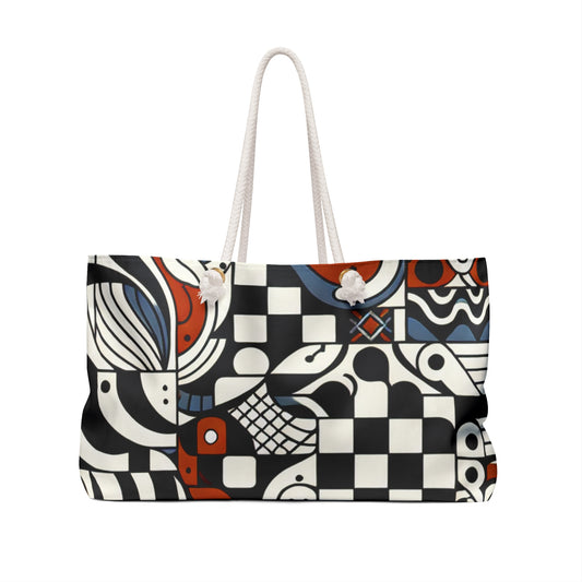 Andrea Bellecci Weekender Bag showcasing a contemporary design with a captivating checkerboard motif on vibrant white canvas, adorned with intricate geometric patterns in bold hues of black, red, and blue, ideal for chic getaways.