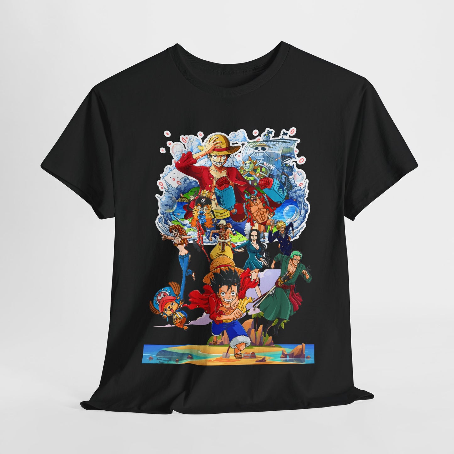 Luxury men's t-shirt featuring vibrant anime-inspired graphics showcasing beloved characters in an epic adventure scene, set against a rich black background.