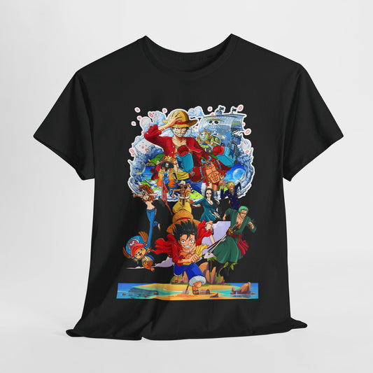 Luxury men's t-shirt featuring vibrant anime-inspired graphics showcasing beloved characters in an epic adventure scene, set against a rich black background.