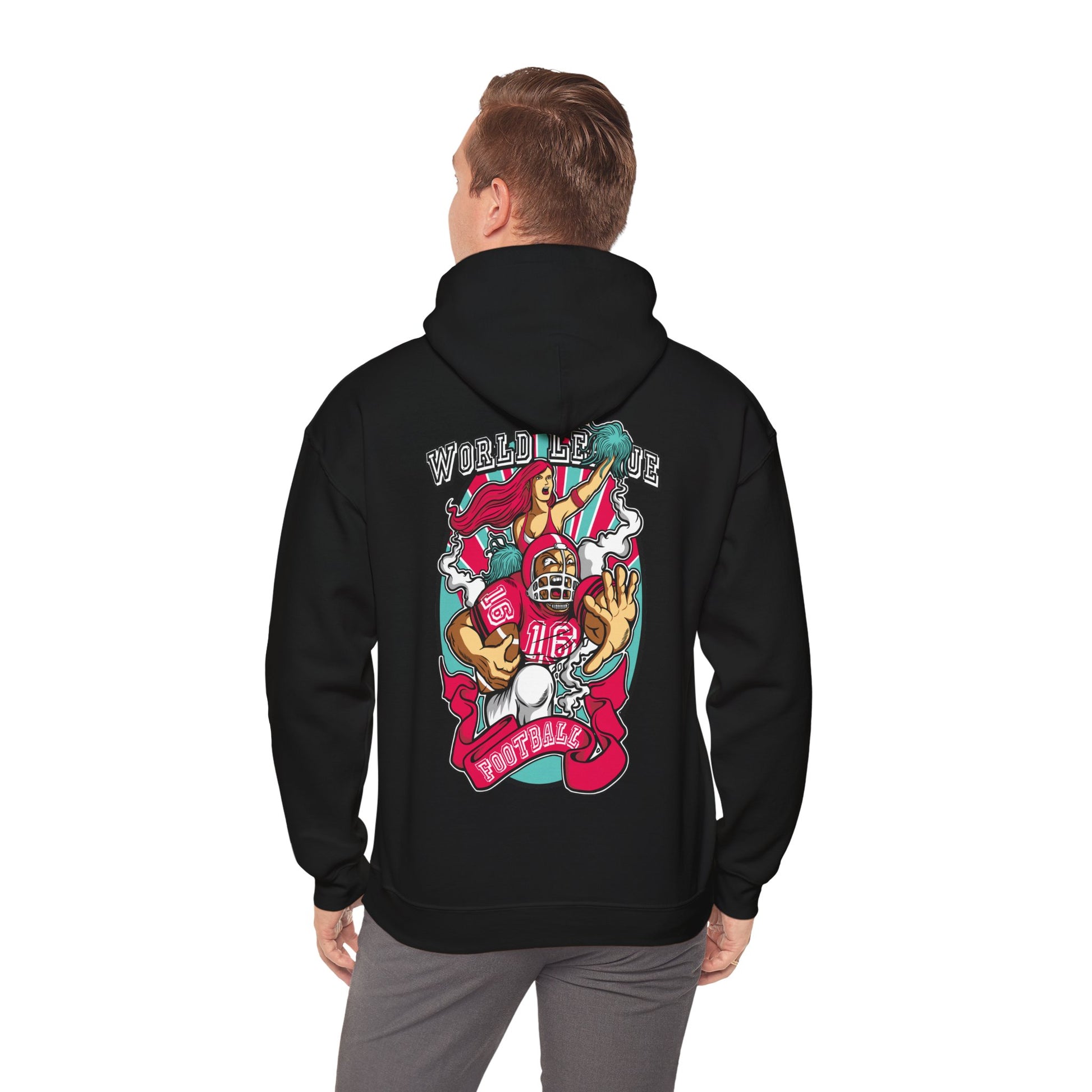 Back view of a striking black hoodie featuring a bold American football graphic, capturing the energy of the game with vibrant colours and design.