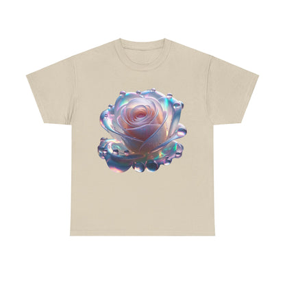 Ethereal Rose Tee Unisex Cotton Graphic T-Shirt featuring a luxurious iridescent rose design on a beige backdrop, ideal for chic and elegant everyday wear.