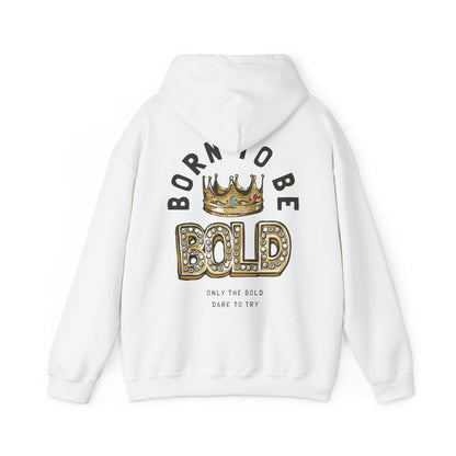Elegant white hoodie featuring a bold back print with the phrase 'BORN TO BE BOLD', adorned with a luxurious golden crown and dazzling elements, perfect for making a statement in fashion.