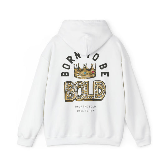 Elegant white hoodie featuring a bold back print with the phrase 'BORN TO BE BOLD', adorned with a luxurious golden crown and dazzling elements, perfect for making a statement in fashion.
