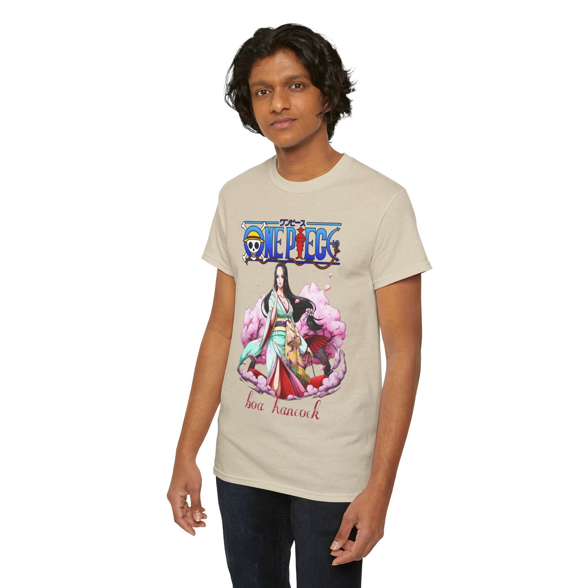 Front view of a sophisticated beige t-shirt showcasing an elegant illustration of Boa Hancock from One Piece, highlighting her beauty amidst cherry blossom details.