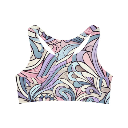 Close-up view of the Chic Aria Bellefonte Sports Bra, highlighting the premium pastel colours and stretchable fabric ideal for fitness enthusiasts.