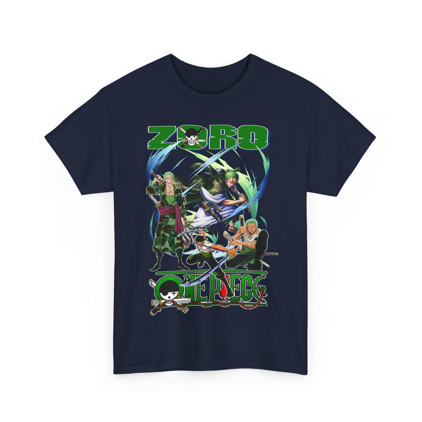 Luxurious navy blue t-shirt featuring vibrant graphic design of iconic characters from a renowned anime, ‘One Piece’, with the name ‘Zoro’ prominently displayed, perfect for anime enthusiasts.