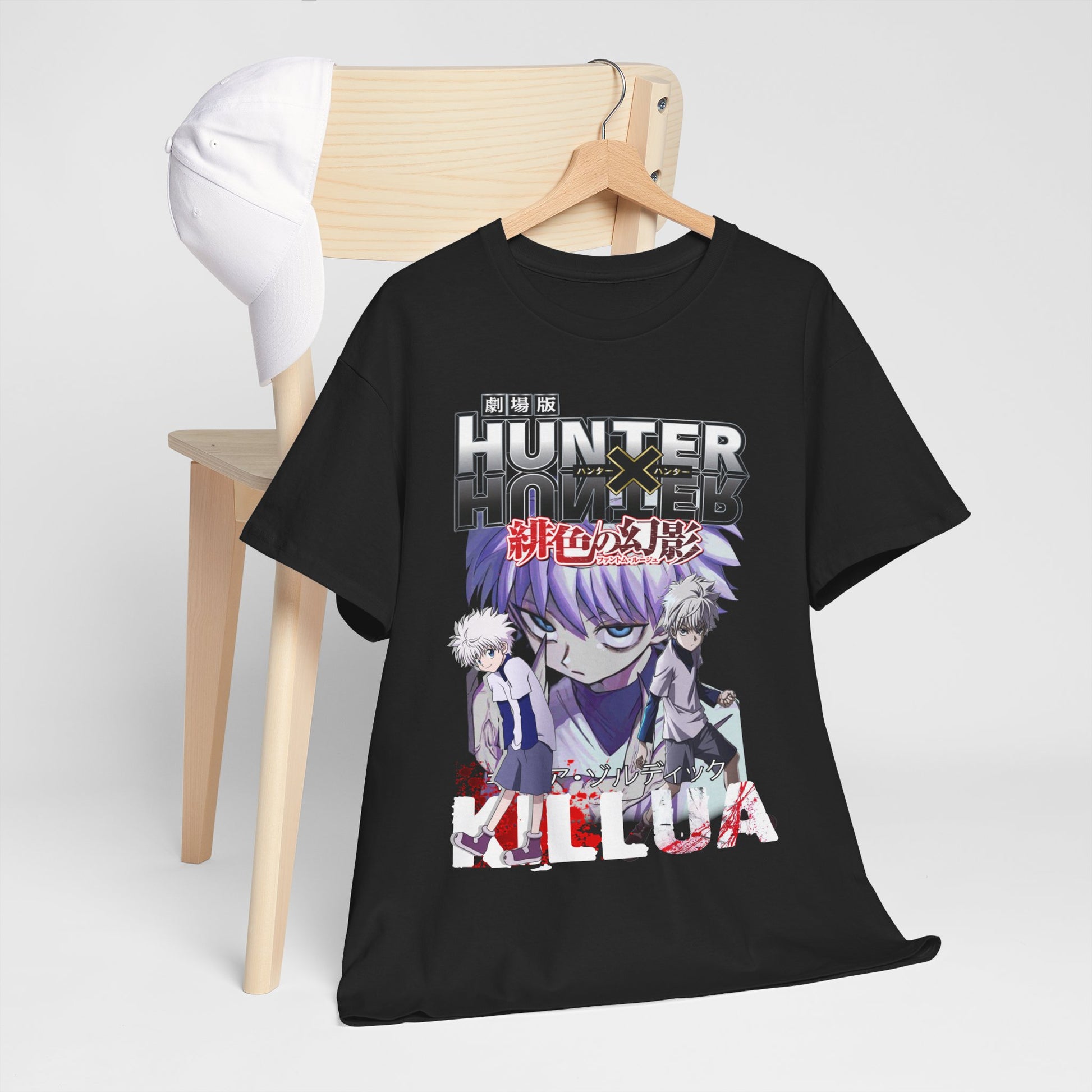 Luxurious black anime t-shirt featuring vibrant Killua and Gon graphics from Hunter x Hunter, elegantly displayed on a minimalist wooden chair.