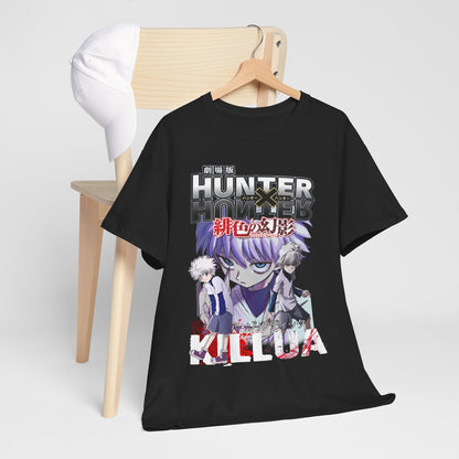 Luxurious black anime t-shirt featuring vibrant Killua and Gon graphics from Hunter x Hunter, elegantly displayed on a minimalist wooden chair.