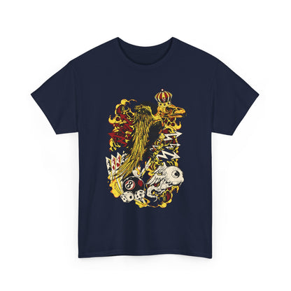 Luxurious navy blue graphic tee featuring a majestic crowned bird in vibrant artwork that blends gambling symbols and mythical elements, designed for a bold fashion statement.