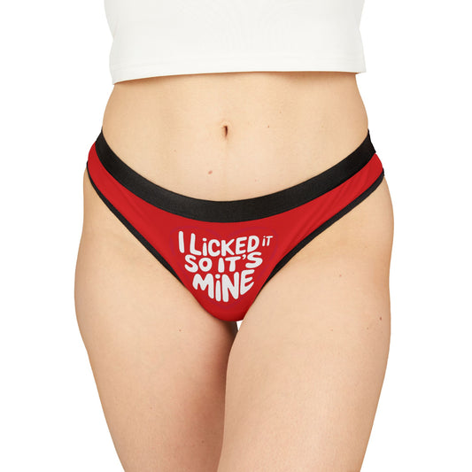 Elegant model showcasing the Valentine's Naughty Gift Women’s Thong with the playful text 'I Licked It So It’s Mine', ideal for special celebrations.