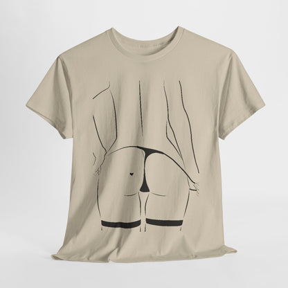 Elegant graphic tee featuring a minimalist line drawing of a woman holding her curves, accentuated by a playful heart shape, ideal for art lovers and those seeking a touch of whimsy in their wardrobe.