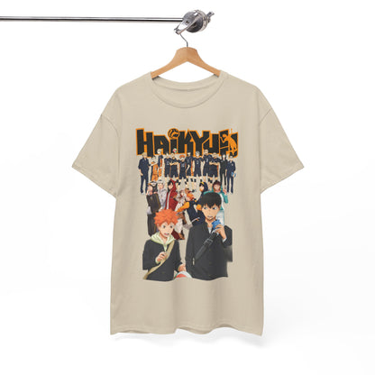 Haikyuu!! T-shirt on a wooden hanger, featuring a rich graphic design with popular anime characters, perfect for stylish outings and cosplay events.