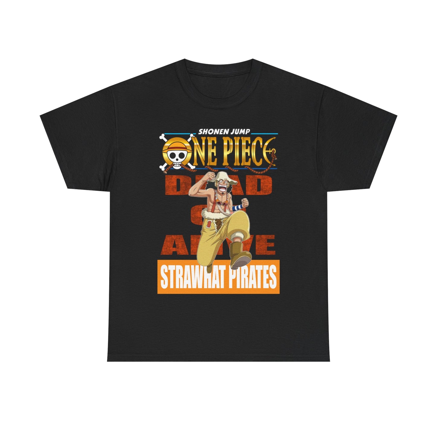 Stylish black One Piece anime T-shirt featuring an eye-catching design of a cheerful pirate character, ideal for discerning fashion enthusiasts seeking unique apparel.