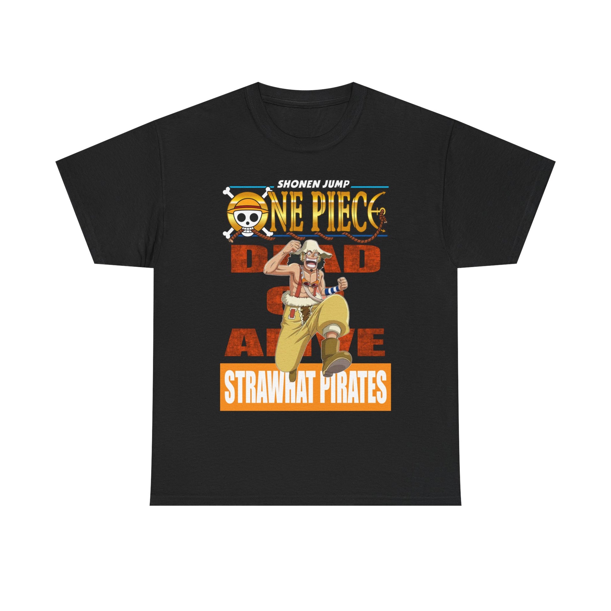 Stylish black One Piece anime T-shirt featuring an eye-catching design of a cheerful pirate character, ideal for discerning fashion enthusiasts seeking unique apparel.