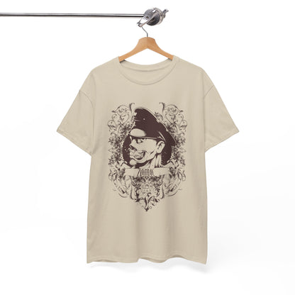Men's Zombie Graphic T-Shirt featuring Baroque details, elegantly displayed hanging on a hanger, showcasing its unique artistic design.