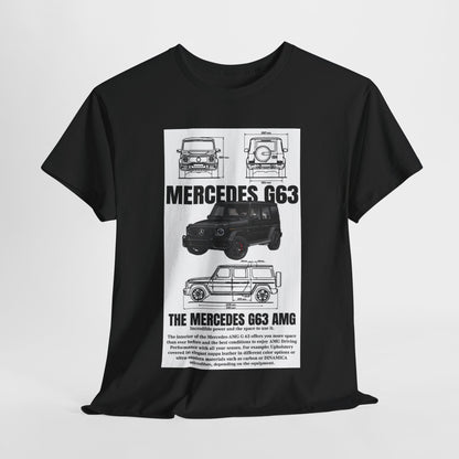 Unisex Men's T-Shirt Featuring Technical Drawing of Mercedes-AMG G63 Design, presenting multiple views of the luxurious SUV, highlighting its iconic shape and engineering precision.