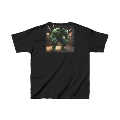 Kids Incredible Hulk Heavy Duty T-Shirt in classic black, adorned with a striking Hulk image on the back, combining elegance with fun.
