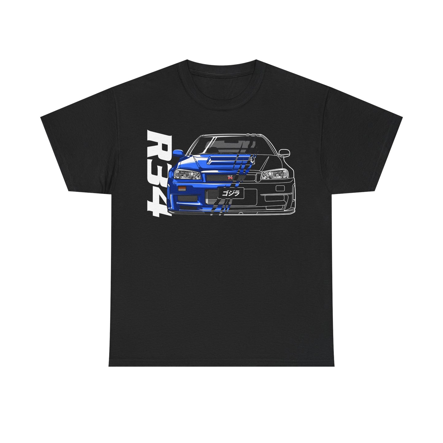 Luxurious black men's t-shirt adorned with a striking blue Nissan Skyline GT-R graphic, showcasing modern automotive art.