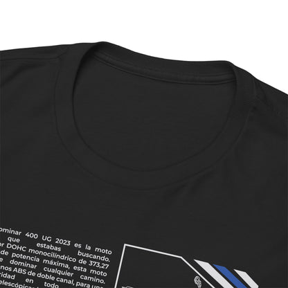 Close-up of the stylish neck of a black Dominar 400 Men's T-shirt, showcasing luxury fabric quality with detailed graphics.