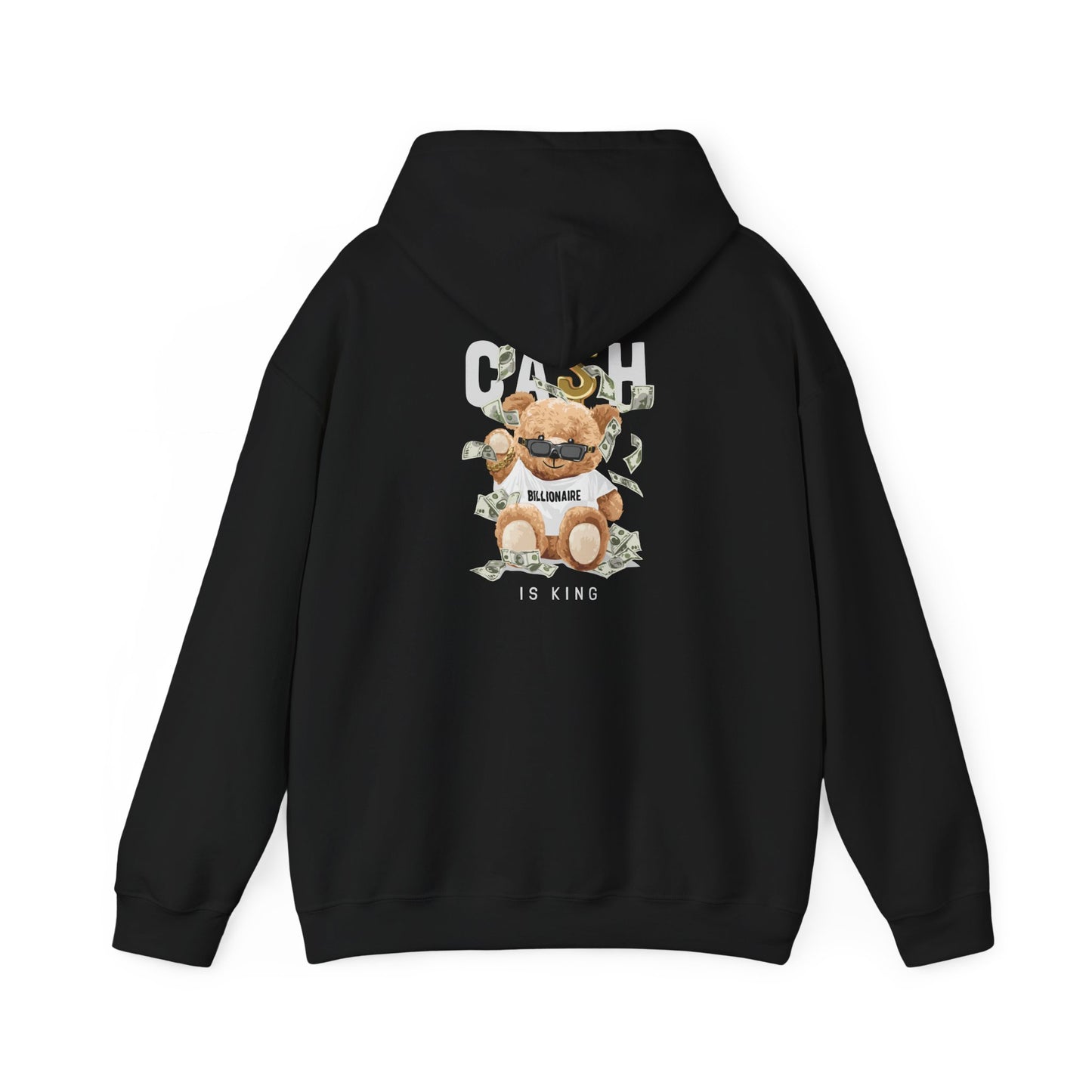 Elegant black hoodie adorned with a chic teddy bear graphic in sunglasses, surrounded by dollar bills and the statement 'CASH BILLIONAIRE IS KING' for a trendy look.