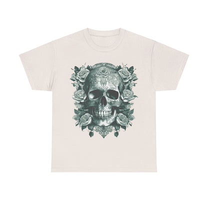 Skulls and Roses Cotton Tee in cream, a chic unisex graphic shirt featuring an exquisite design of skulls and roses, ideal for those who appreciate alternative style.