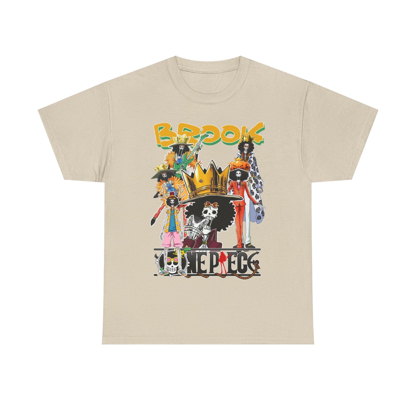 Luxurious beige anime t-shirt featuring a vibrant collage of Brook characters, perfect for showcasing anime fandom with elegance.