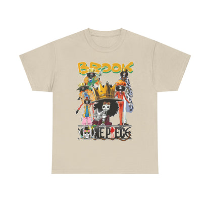 Luxurious beige anime t-shirt featuring a vibrant collage of Brook characters, perfect for showcasing anime fandom with elegance.