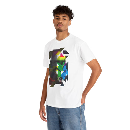 Men's premium white t-shirt showcasing an artistic Stormtrooper helmet graphic in vibrant colours, modelled by a stylish young man in casual attire.