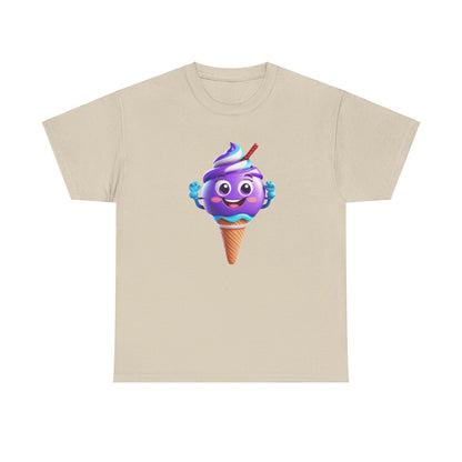 Scoop of Joy: Cartoon Ice Cream Cone Character Tee in cream, featuring a vibrant purple ice cream character with arms raised, embodying joy and whimsy.