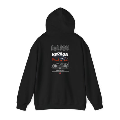 Chic black hoodie with a captivating back print of the Bugatti Veyron, ideal for automotive enthusiasts.