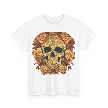 Front view of the Skulls and Roses Cotton Tee highlighting the stunning steampunk-inspired skull art surrounded by roses.