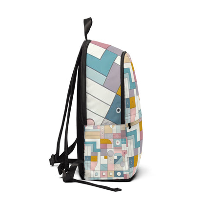 Stylish geometric backpack featuring soft pinks and baby blues, designed by Dazzling Dreams Studio, ideal for making a fashion statement.