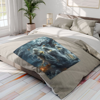 Sumptuous Decorative and Warm Halloween Spooky Arctic Fleece Blanket elegantly placed on a bed, featuring a captivating ghostly scene that enhances the festive atmosphere of any bedroom.